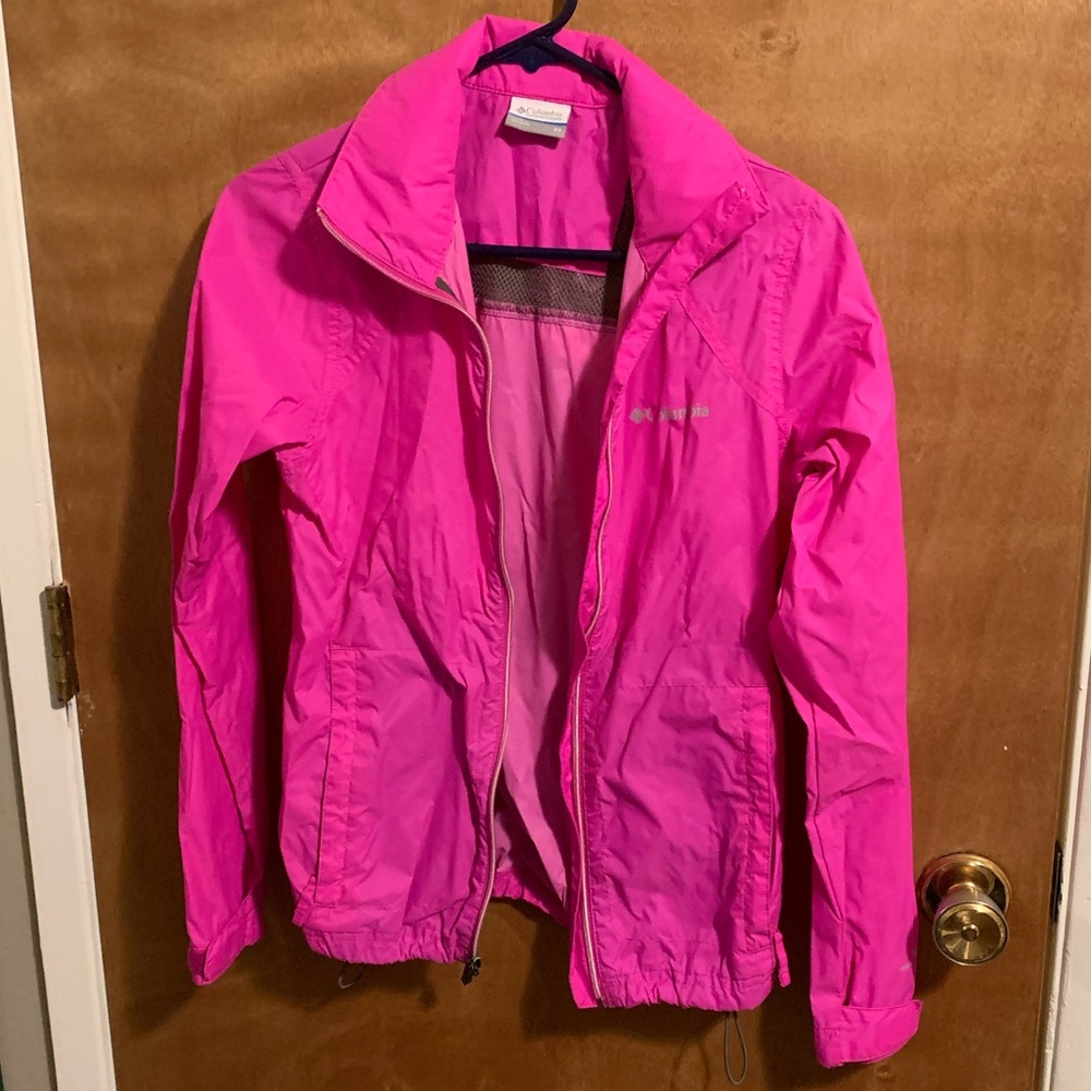 Columbia zip wind breaker pink sz xs hood folds up